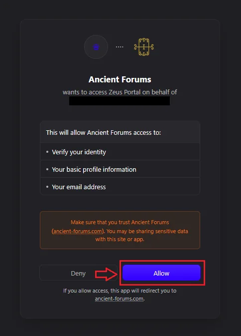 The authorization screen where Ancient Forums requests access to your Zeus Portal account, with the Allow button highlighted