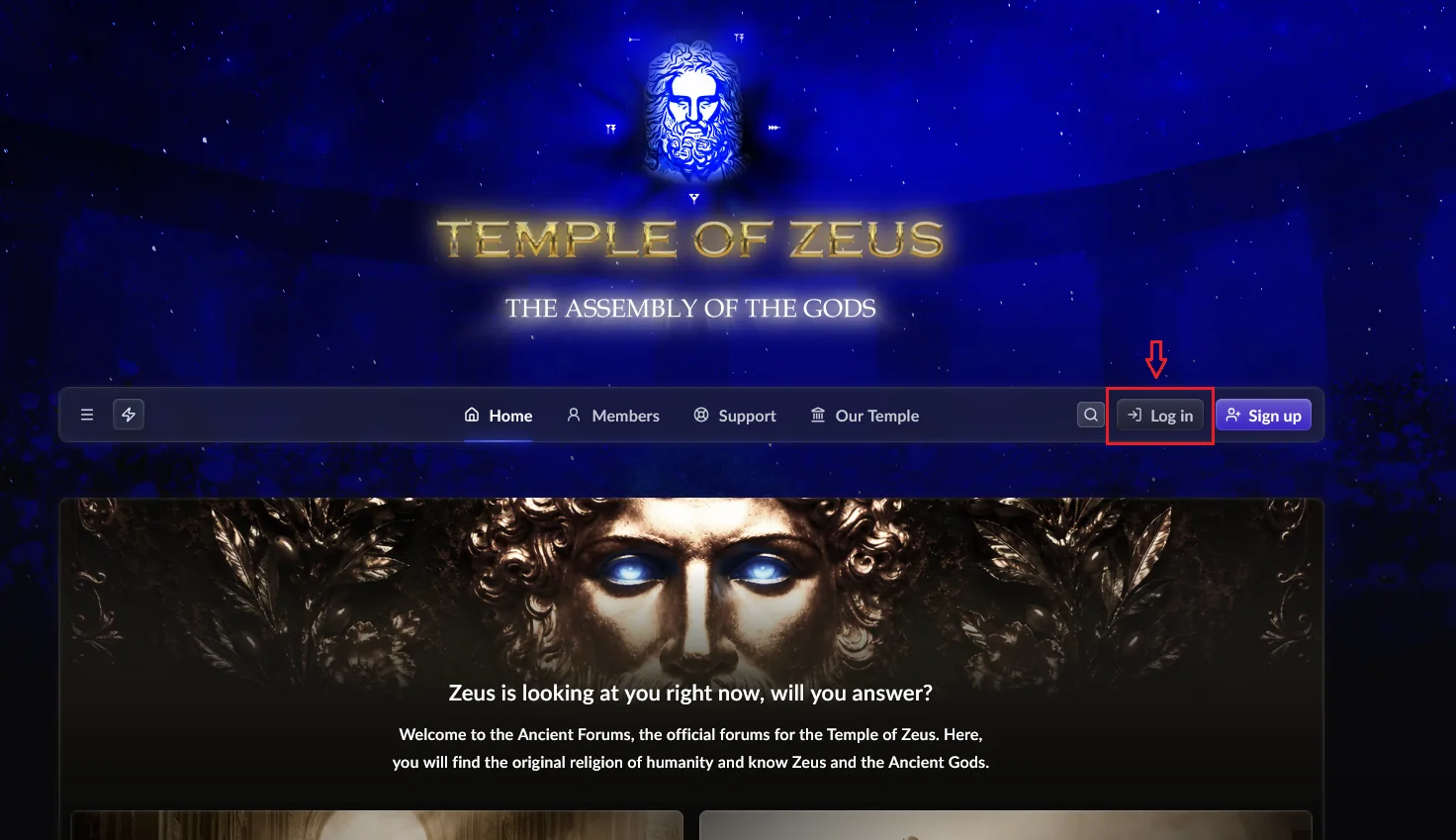 The Ancient Forums home page with the Log in button highlighted in the top-right navigation bar