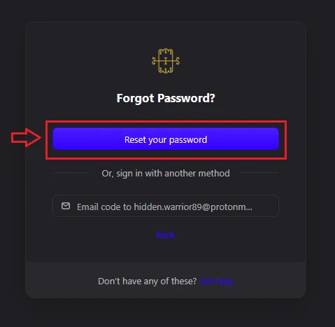 The Forgot Password? screen with the Reset your password button highlighted