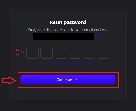 The Reset password screen with the six code boxes and the Continue button highlighted