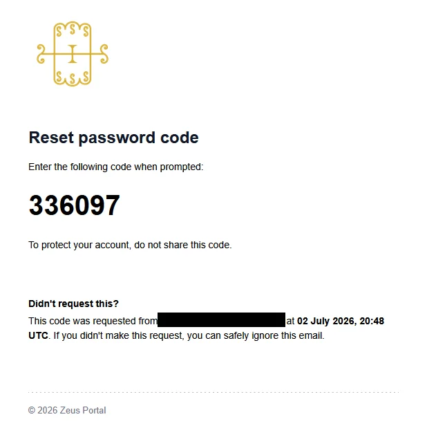 The reset password email from Zeus Portal showing the 6-digit code