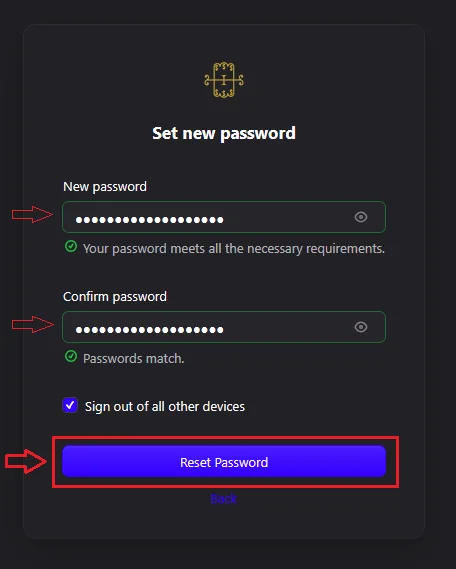 The Set new password screen with both password fields and the Reset Password button highlighted