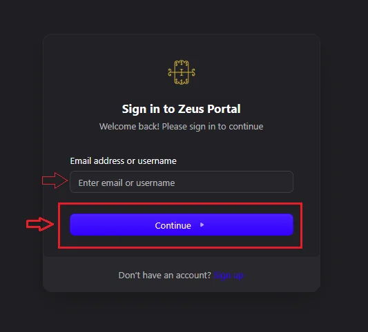 The Sign in to Zeus Portal screen with the email-or-username field and the Continue button highlighted