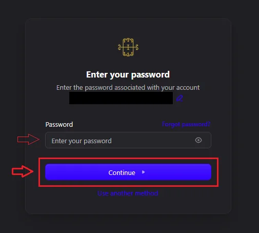 The Enter your password screen with the password field and the Continue button highlighted