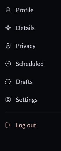 The Account menu with Profile, Details, Privacy, Scheduled, Drafts, Settings, and Log out