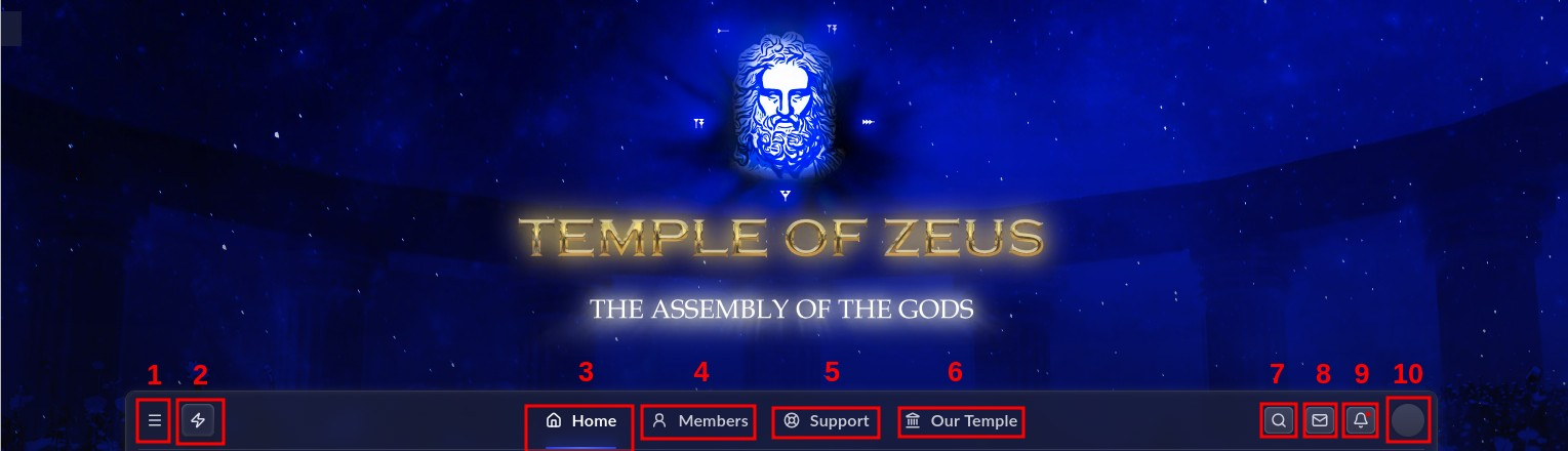 The Temple of Zeus Forums front-page header with its ten main controls numbered