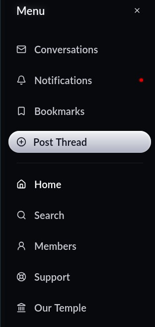 The Forum Menu with conversations, notifications, bookmarks, posting, search, members, support, and Temple links