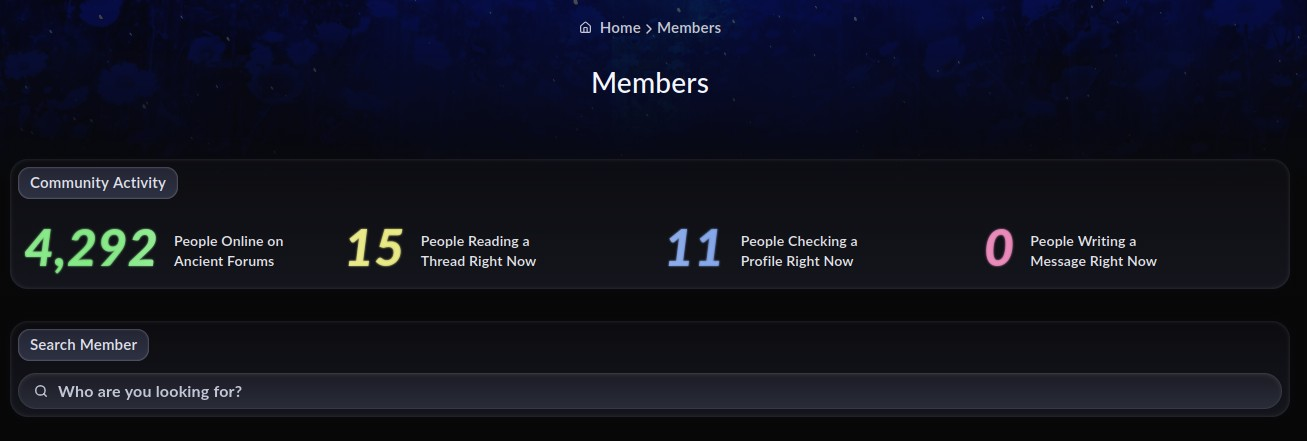 The Members overview with community activity and member search