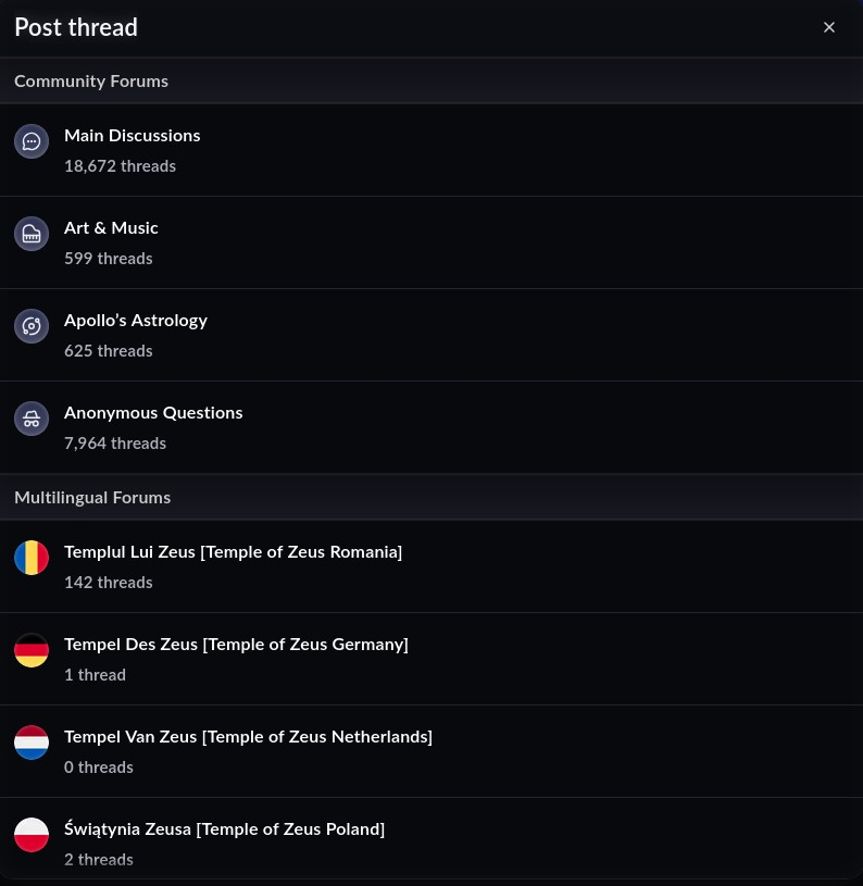 The Post thread quick menu listing the available forums