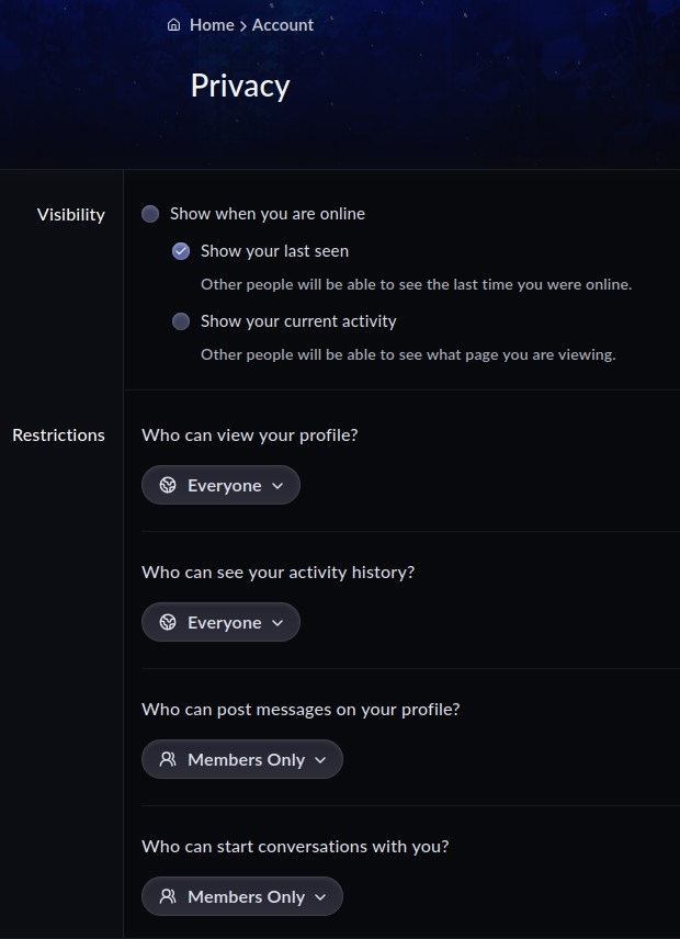 The member Privacy settings