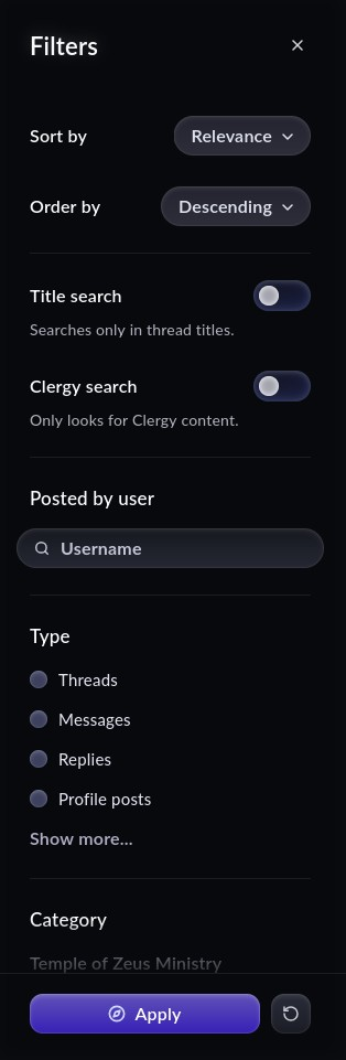 The Search Filters panel with sort, title, clergy, user, type, and category options