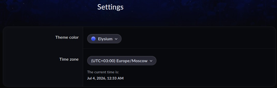 The Settings page with theme color and time zone controls