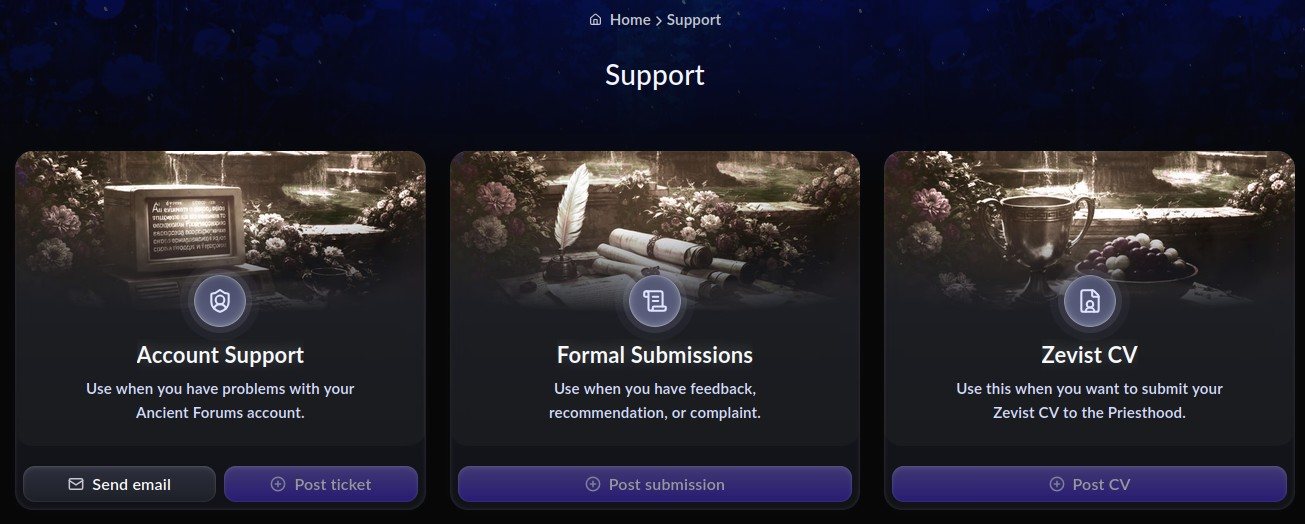 The Forum Support page with Account Support, Formal Submissions, and Zevist CV options