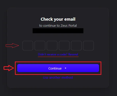 The Check your email screen with the six code boxes and the Continue button highlighted