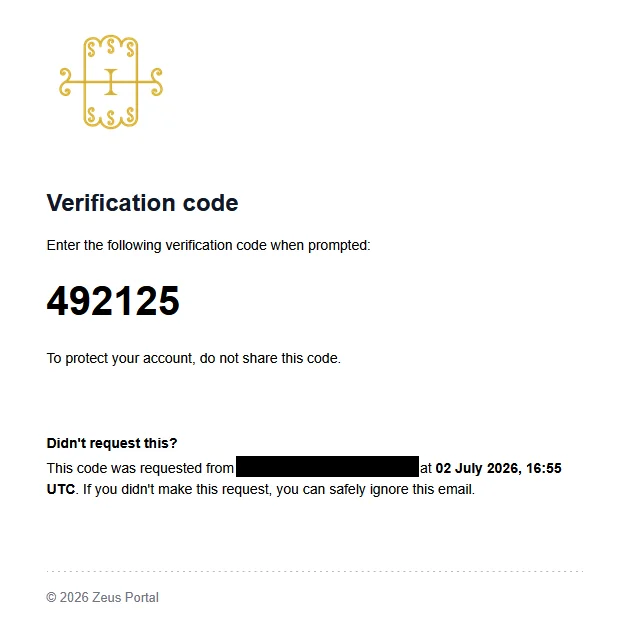 The verification email from Zeus Portal showing the 6-digit code