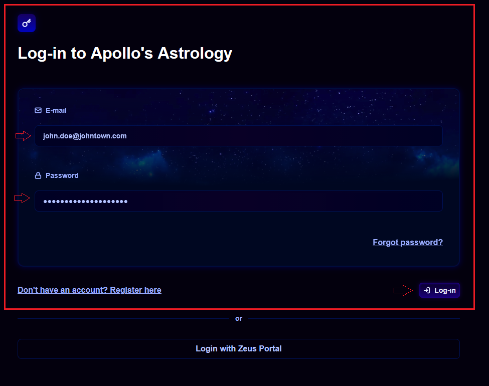 The Apollo's Astrology login form showing the E-mail and Password fields and the Log-in button