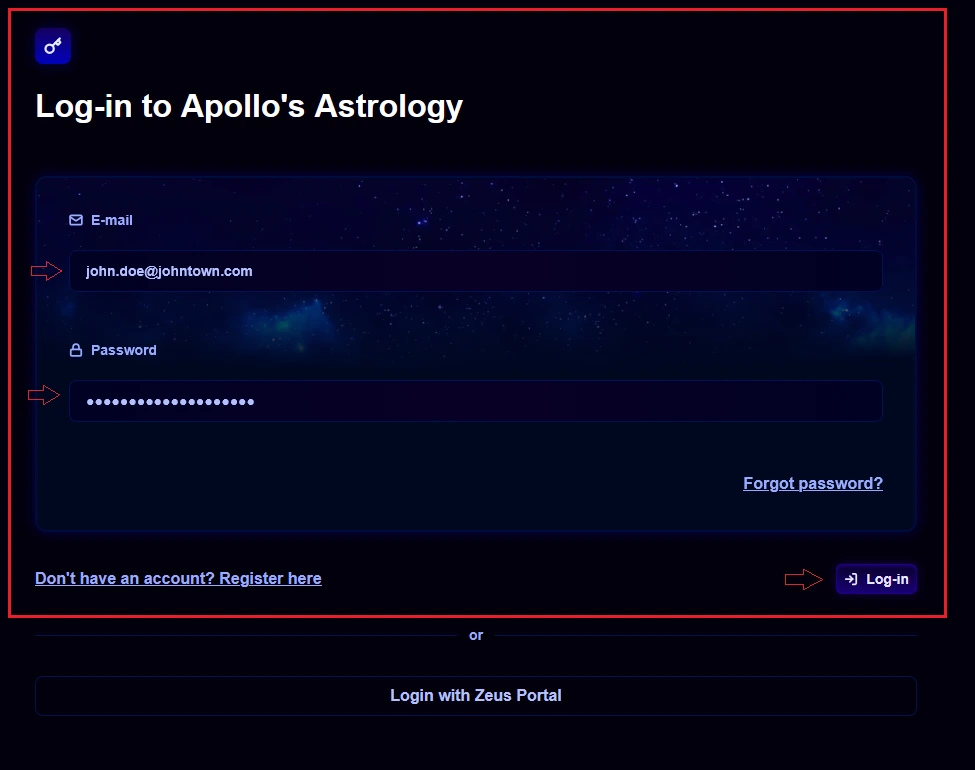 The Apollo's Astrology login form showing the E-mail and Password fields and the Log-in button