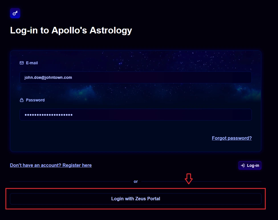 The login page with the Login with Zeus Portal button highlighted below the credential form