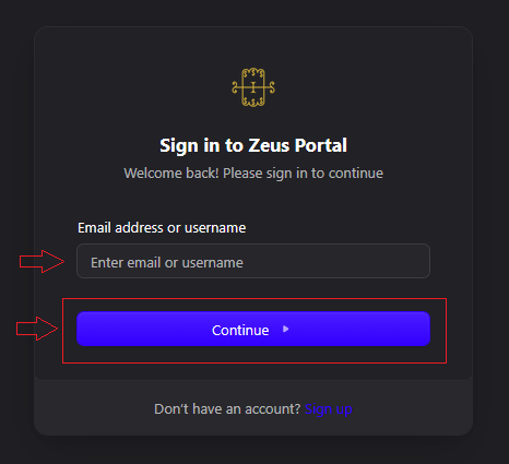The Zeus Portal sign-in page with the email or username field and the Continue button