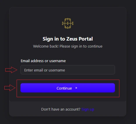 The Zeus Portal sign-in page with the email or username field and the Continue button