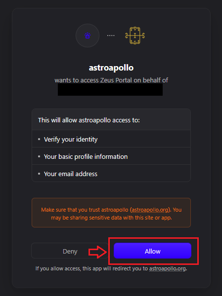 The Zeus Portal authorization screen requesting access, with the Allow button highlighted