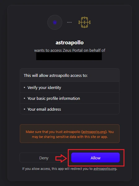 The Zeus Portal authorization screen requesting access, with the Allow button highlighted