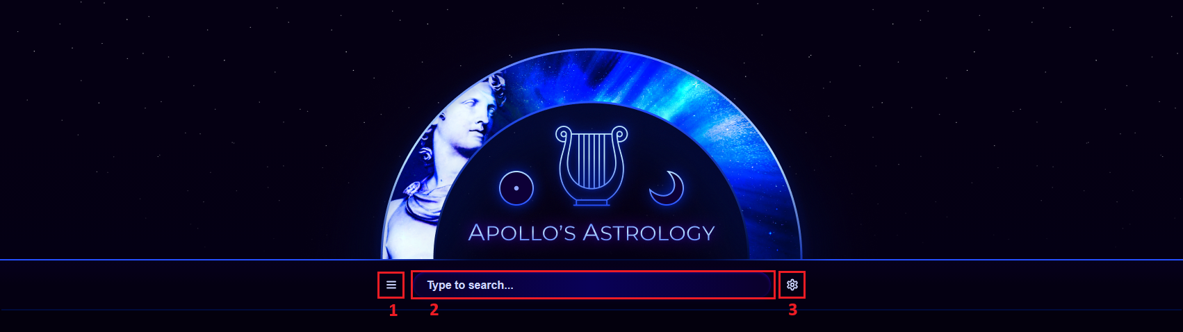 Apollo's Astrology header with the menu, search, and settings controls numbered 1 to 3
