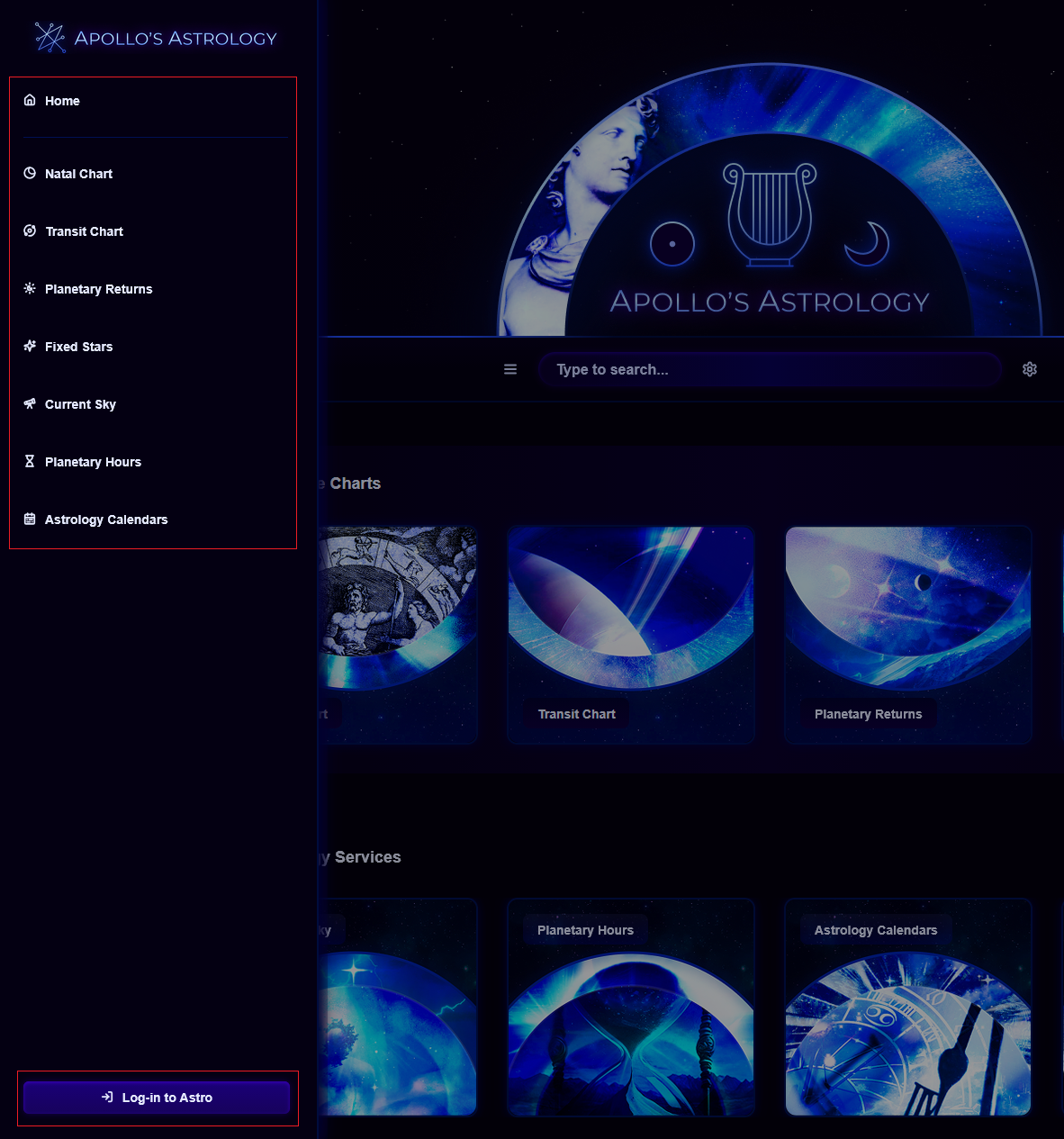 Apollo's Astrology side navigation with the main tools and Log-in to Astro button highlighted