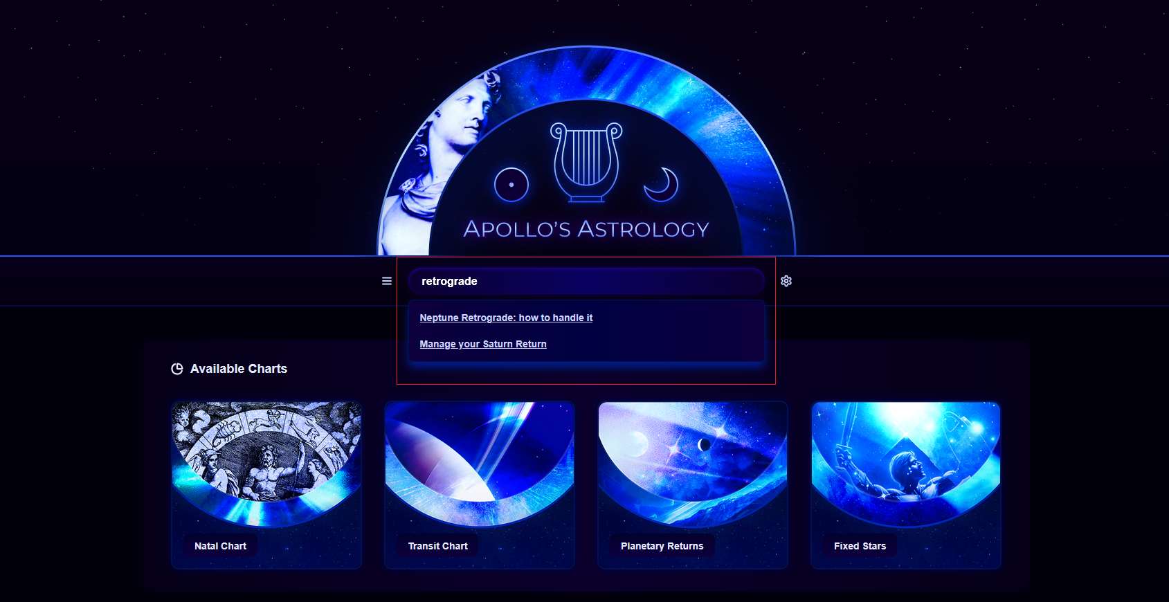The homepage search showing article suggestions for retrograde
