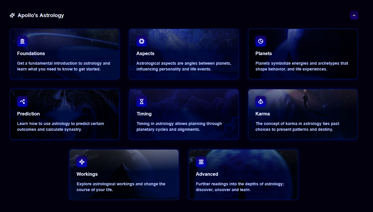 The Apollo's Astrology learning area with eight topic cards