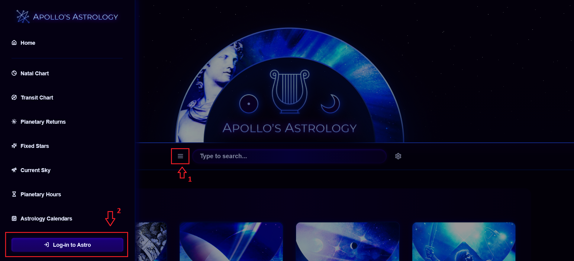 Apollo's Astrology home page with the sidebar hamburger menu and the Log-in to Astro button highlighted
