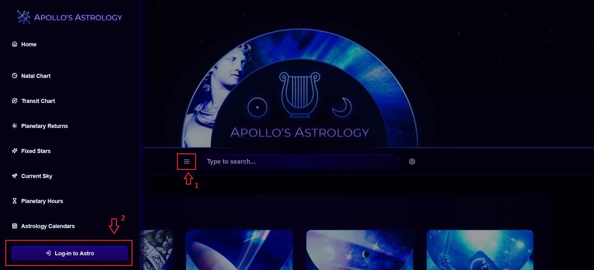 Apollo's Astrology home page with the sidebar hamburger menu and the Log-in to Astro button highlighted
