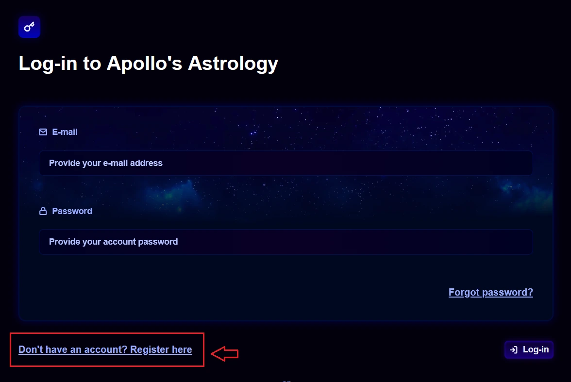 The login form with the "Don't have an account? Register here" link highlighted