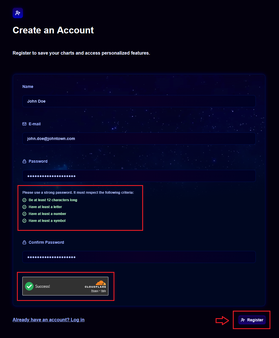 The Create an Account form showing the Name, E-mail, Password with strength criteria, Confirm Password, the completed Cloudflare CAPTCHA, and the Register button highlighted