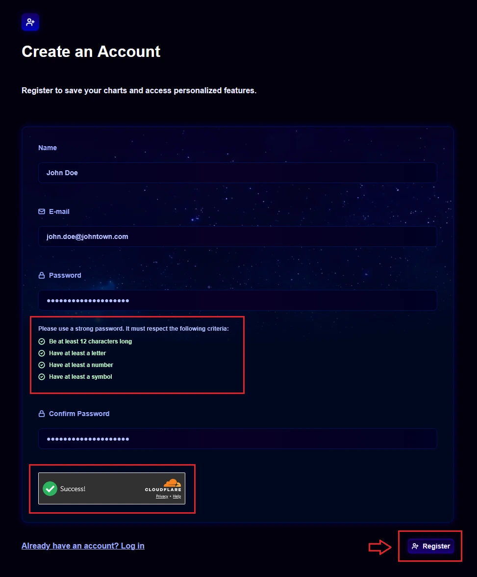 The Create an Account form showing the Name, E-mail, Password with strength criteria, Confirm Password, the completed Cloudflare CAPTCHA, and the Register button highlighted