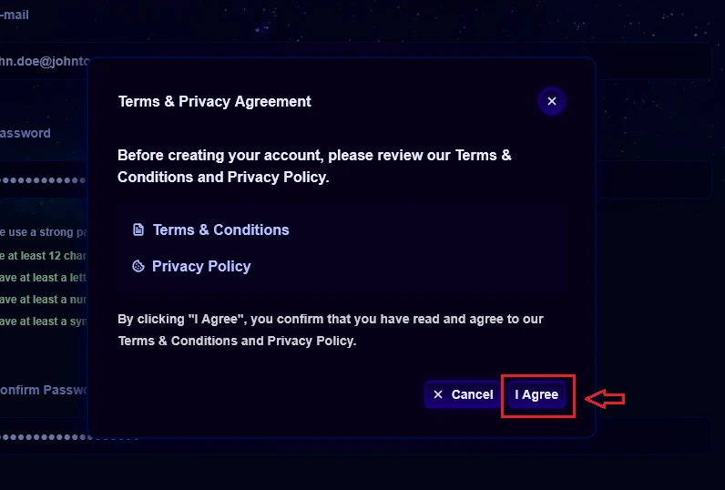 The Terms & Privacy Agreement modal with the I Agree button highlighted