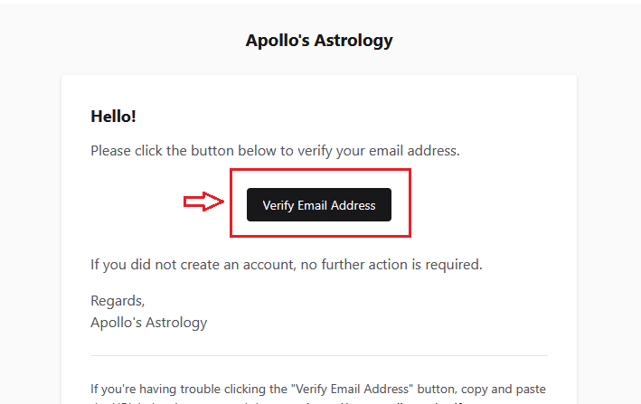 The verification email from Apollo's Astrology with the Verify Email Address button highlighted