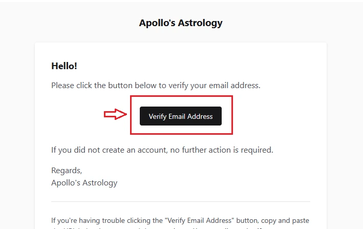 The verification email from Apollo's Astrology with the Verify Email Address button highlighted