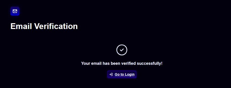 The Email Verification success screen confirming the email was verified, with the Go to Login button