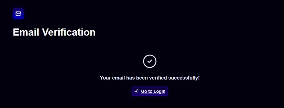 The Email Verification success screen confirming the email was verified, with the Go to Login button
