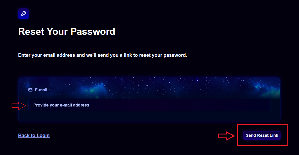 The Reset Your Password page with the email field and the Send Reset Link button highlighted