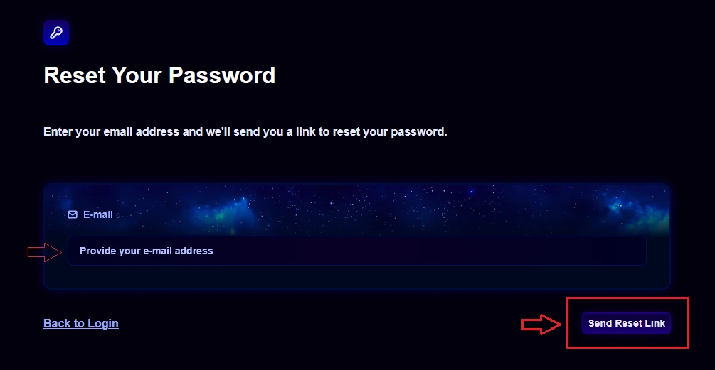 The Reset Your Password page with the email field and the Send Reset Link button highlighted