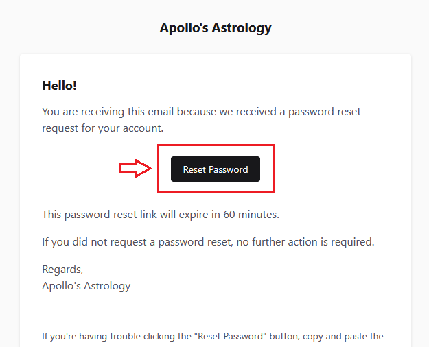 The password reset email from Apollo's Astrology with the Reset Password button highlighted
