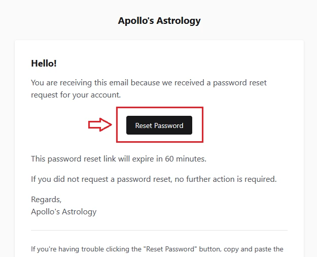 The password reset email from Apollo's Astrology with the Reset Password button highlighted