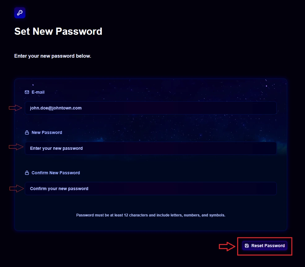 The Set New Password page with the E-mail, New Password, and Confirm New Password fields and the Reset Password button highlighted