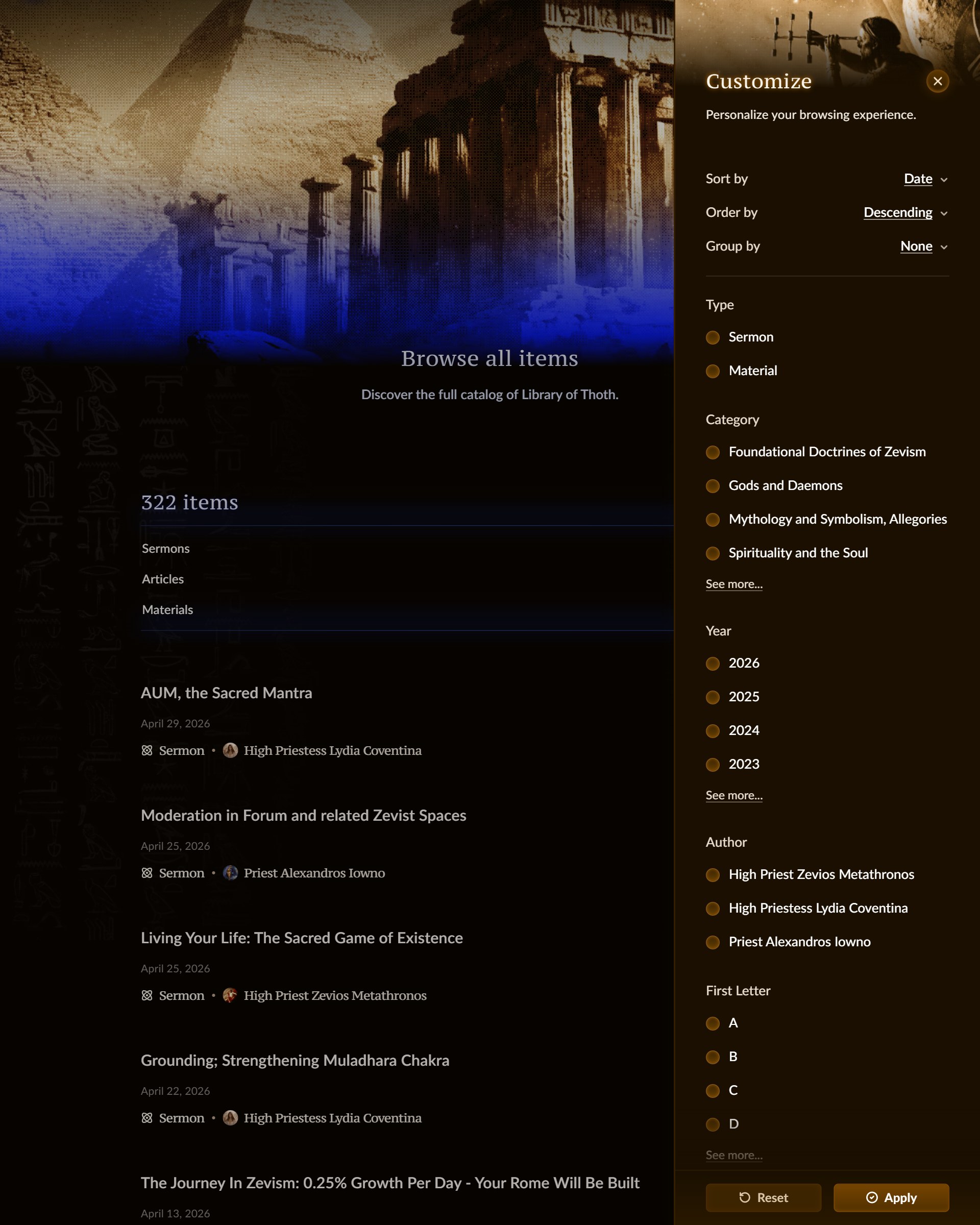 The Library of Thoth Customize panel showing sorting, grouping, and filters