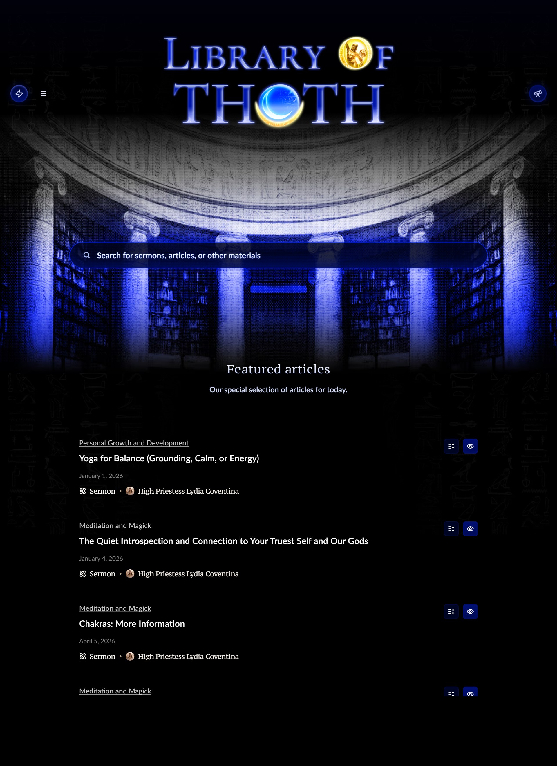 The Library of Thoth home page with the top controls, search box, and featured selection
