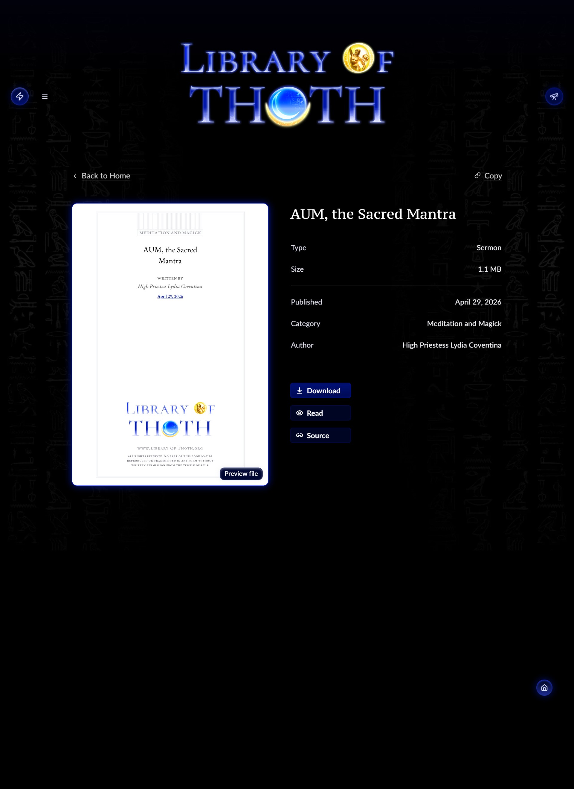 A Library of Thoth item page with details and the Read, Download, and Source actions