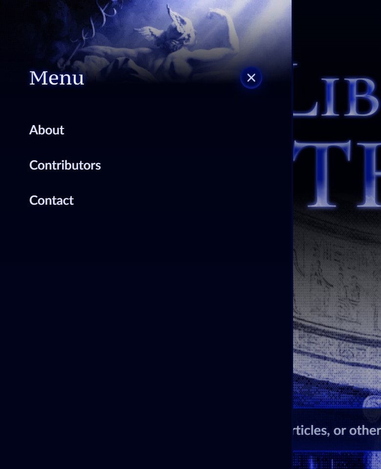 The Library of Thoth side menu showing About, Contributors, and Contact