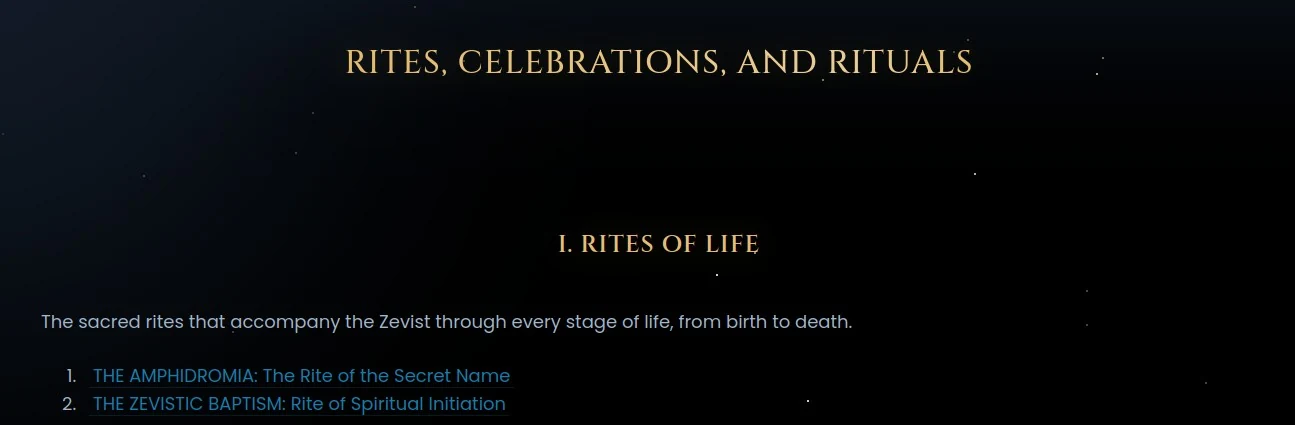 A Temple of Zeus page showing gold titles and the site's visual language